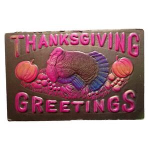 Thanksgiving Postcard Airbrushed Turkey Pumpkins Deep Embossed 1909 Antique
